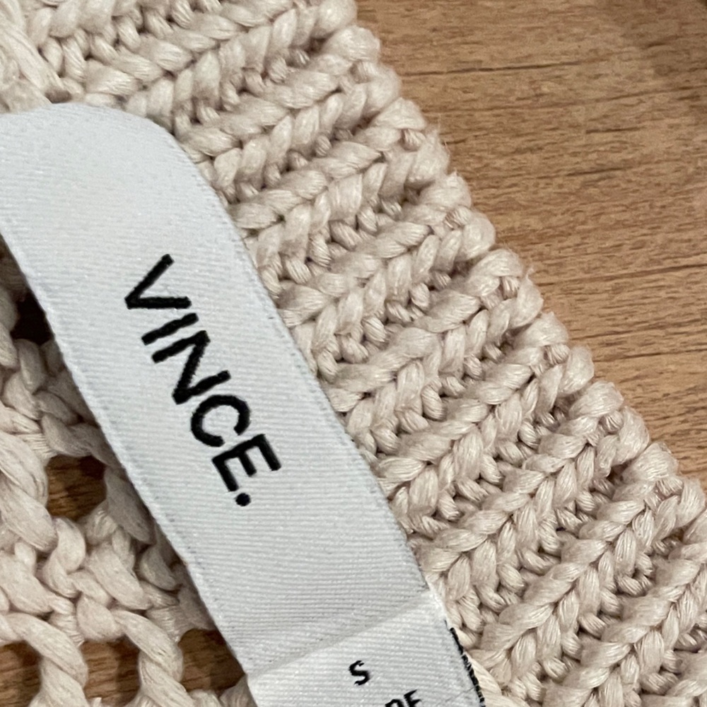 VINCE Cream Beige Long Sweater Vest 💯% cotton crochet open weave Neutral S - Picture 2 of 9